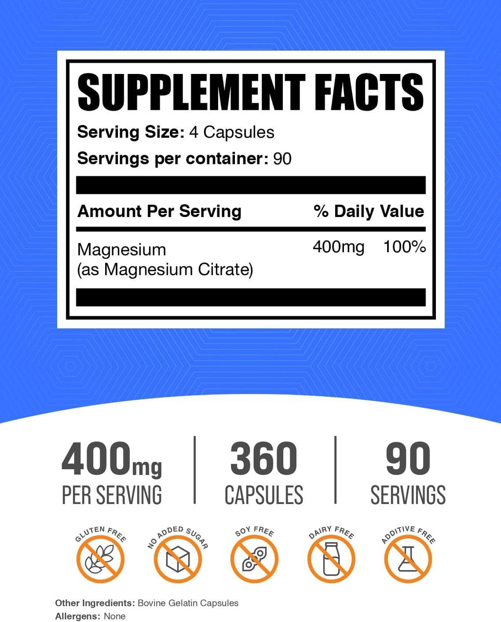 BulkSupplements.com Magnesium Citrate Capsules - Magnesium Supplement, Magnesium Citrate 400mg - Gluten Free, 4 Capsules per Serving, 360 Count (Pack of 1)