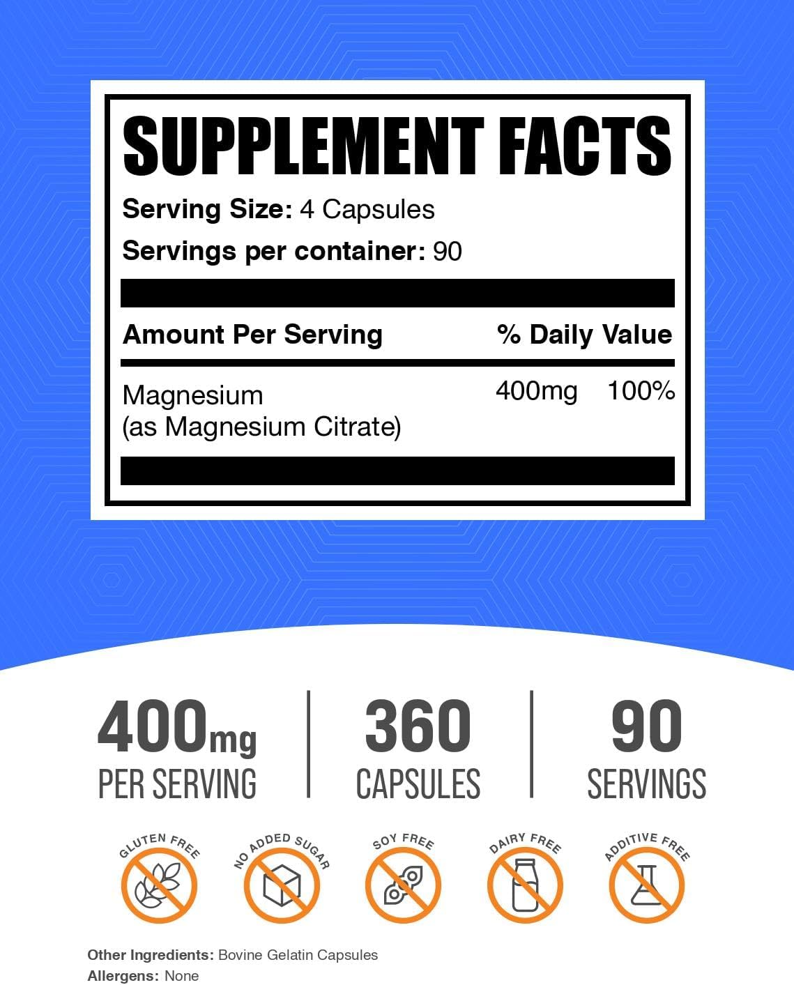 BulkSupplements.com Magnesium Citrate Capsules - Magnesium Supplement, Magnesium Citrate 400mg - Gluten Free, 4 Capsules per Serving, 360 Count (Pack of 1)