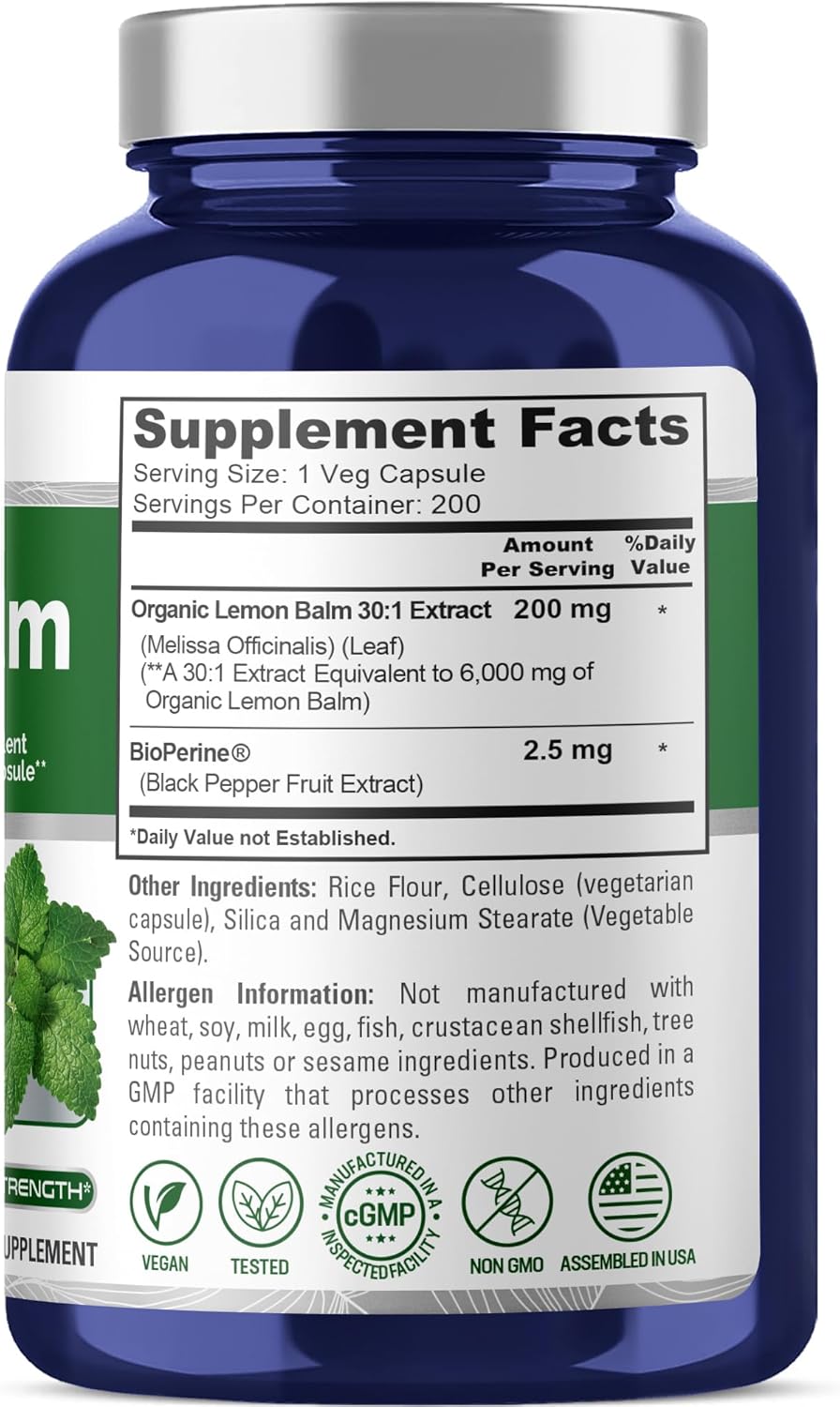 NusaPure Lemon Balm 30:1 Extract, 200 mg Equivalent to 6000mg Per Vegan Caps - 200 Count Non-GMO, Vegan Bioperine