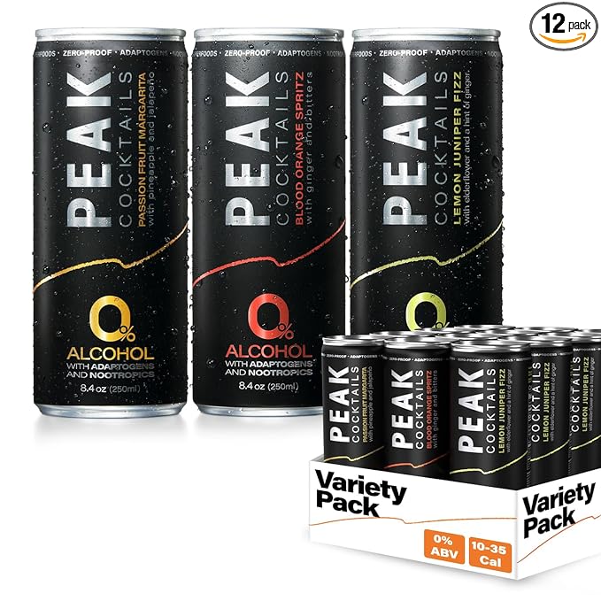 Peak Cocktails Non-Alcoholic Cocktail | Adaptogens, Nootropics, Superfoods for Recovery, Calm, Sleep | Ashwagandha, Tart Cherry, L-Theanine | Mixologist-crafted | 8.4 oz, 12-Pack Variety Pack
