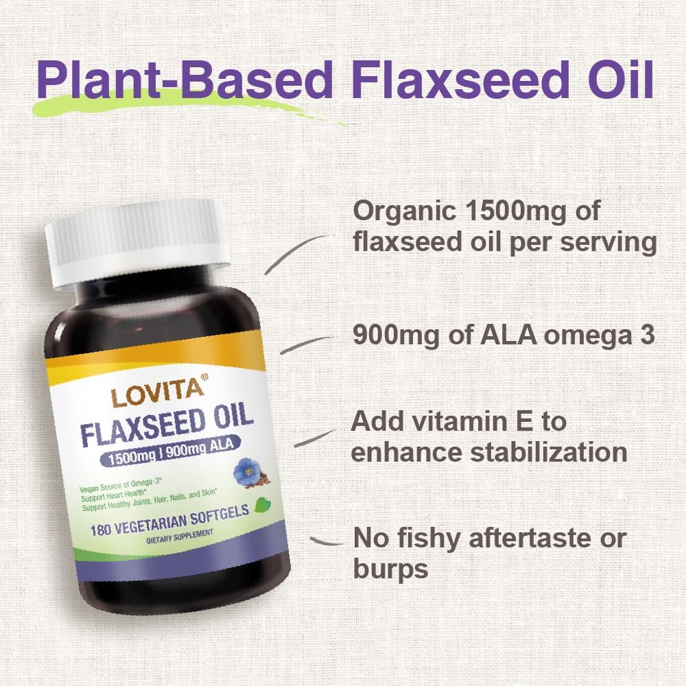 Lovita Cold-Pressed Flaxseed Oil, 1500mg with 900mg ALA Omega-3, Support Heart and Joint Health, Vegan, 180 Softgels