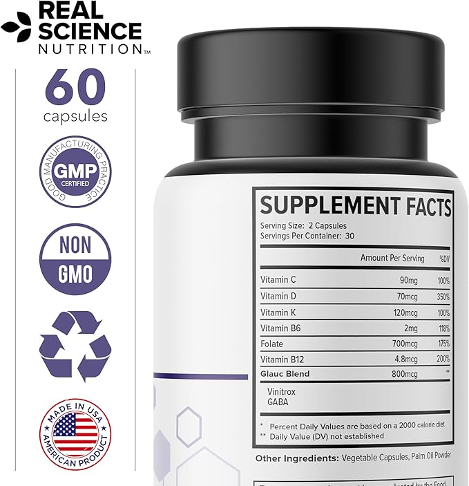Real Science Glaucomol Miracle - Natural Eye Vitamins & Eye Supplements for Optic Nerve & Ocular Circulation Support – with Vitamins C, D & B12 for Vision Clarity & Eye Comfort – Made in USA, 60 Caps