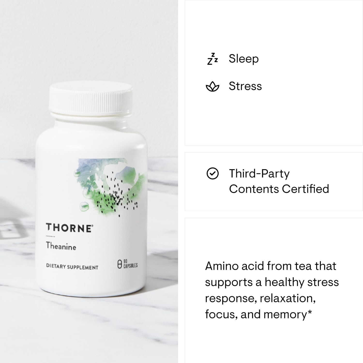 THORNE - Theanine - 200mg of L-Theanine - Support a Healthy Stress Response, Relaxation, and Focus - Increases Brain Alpha-Wave Production* - 90 Capsules