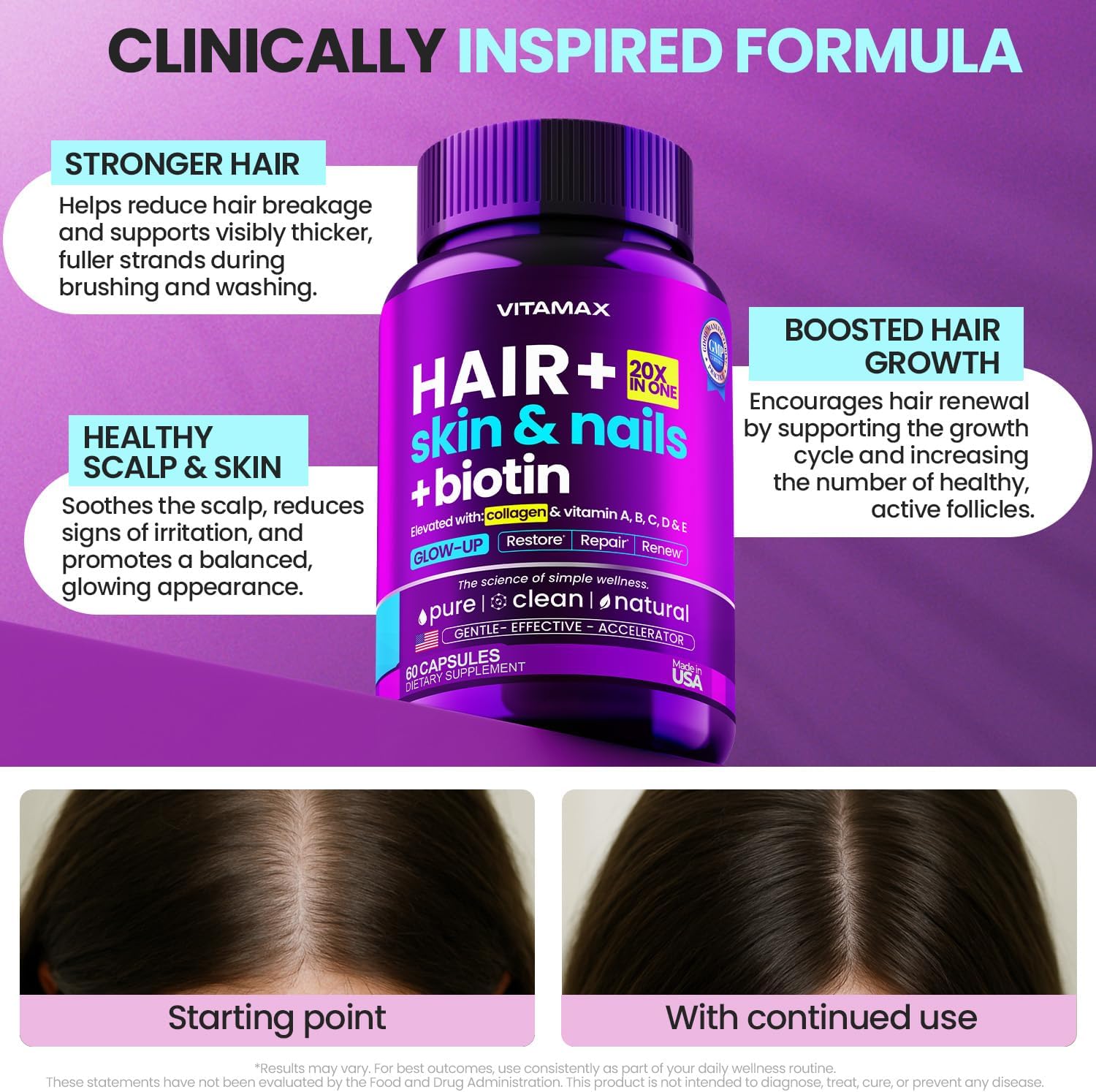 Biotin | Collagen | Keratin Booster with Hyaluronic Acid - Thicker Hair Growth, Healthy Skin & Stronger Nails Supplement – Extra Strength - Multi Vitamin B Complex - Women & Men - Made in USA - 60ct