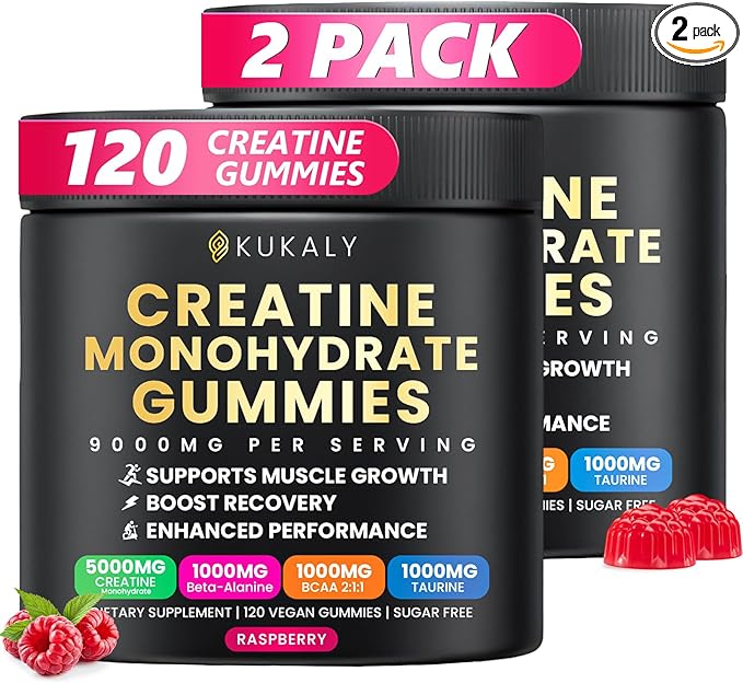 Creatine Monohydrate Gummies for Men & Women, 9000MG Creatine Gummies Sugar Free with L-Taurine, BCAA 2:1, B12 B6 for Boost Strength, Focus & Endurance, Vegan, Non-GMO, Raspberry 120*2 Bottle