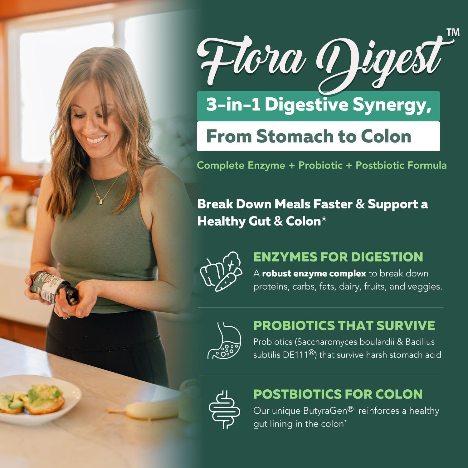Flora Digest - 3-in-1 Max Strength Digestive Enzymes + Gut Surviving Probiotics & ButyraGen® Postbiotic for Optimal Digestion, Bloating Relief, Regularity, Gut Lining & Colon Support - (30 Capsules)