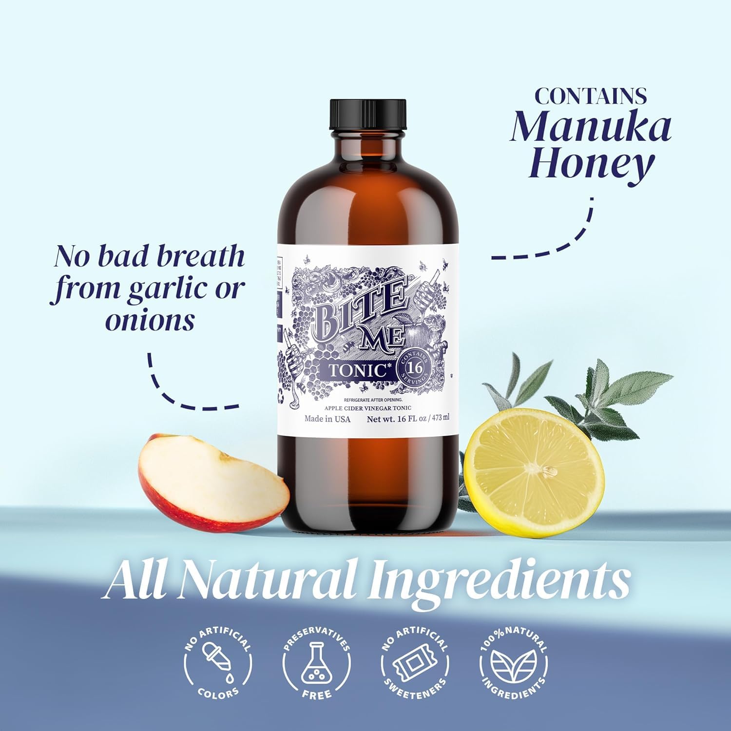 Bite Me Apple Cider Vinegar Tonic with Manuka Honey, Hydromeric, Ginger, Lime, Lemon Juice, Cayenne Pepper & Bioperine for Gut Health & Digestion