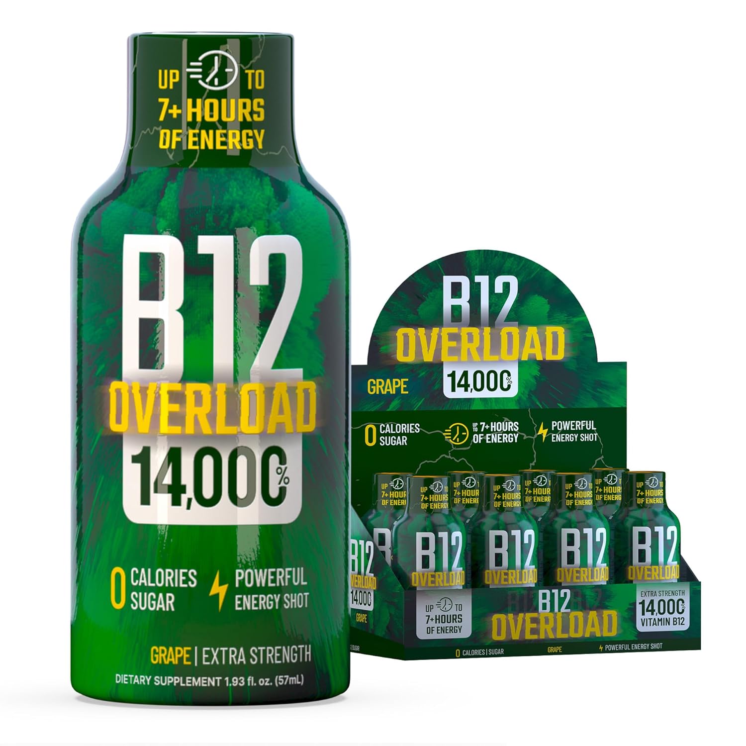 B12 Overload Extra Strength Energy Shot – Grape – 260mg Caffeine, 14000% B12, Electrolytes – Energy & Vitality Support – Zero Sugar No Calories – Vegan, Kosher, Gluten-Free – 1.93 fl oz, 8-Pack
