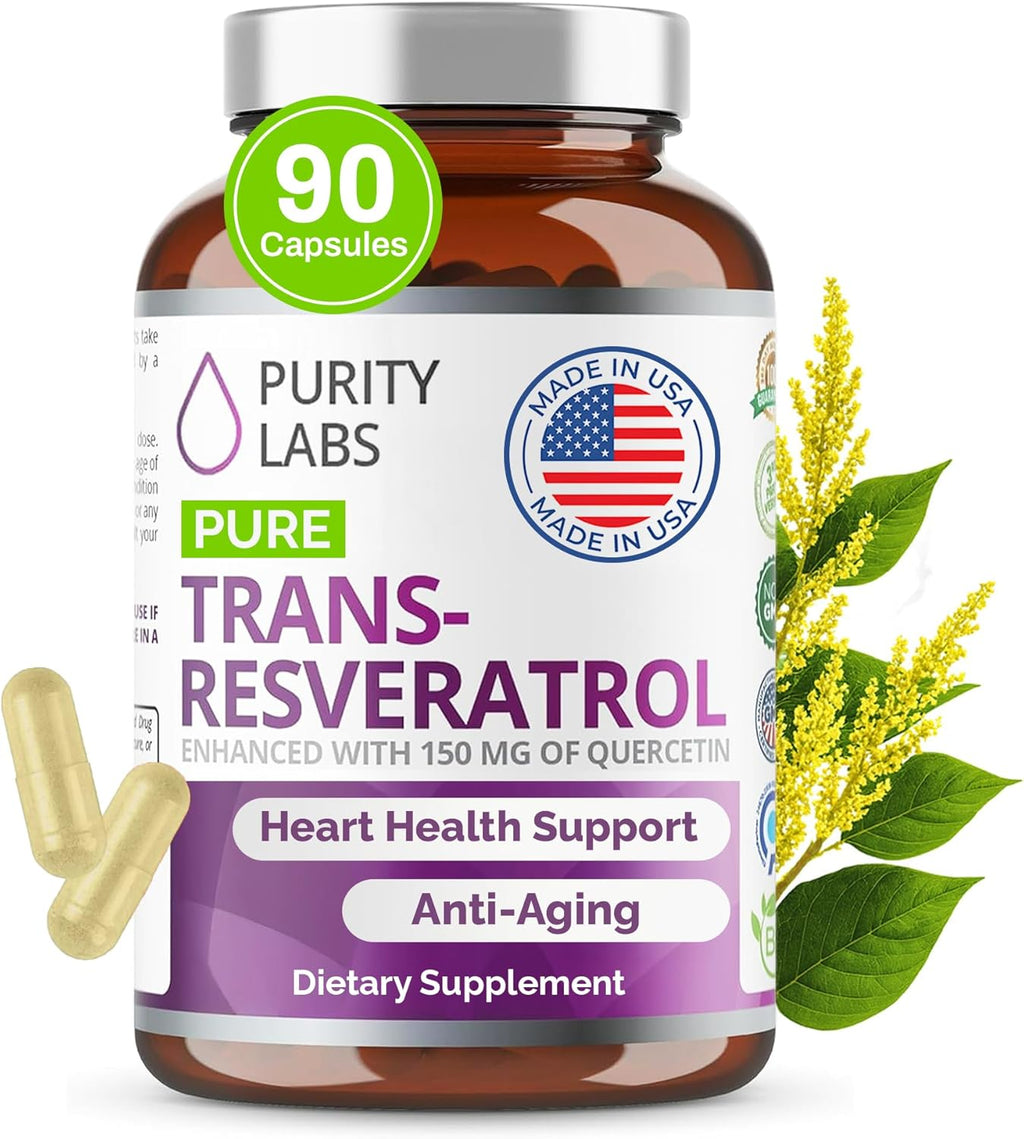 Purity Labs Pure Organic Trans Resveratrol Supplement with Quercetin, Vegan Antioxidant Nutritional Supplements for Heart, Skin, Hair, Nails | Sourced from Japanese Knotweed | 90 Capsules