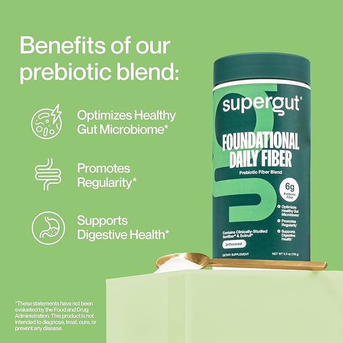 Supergut Foundational Daily Fiber, Vegan & Sugar Free Prebiotic Powder Blend for Gut Health & Digestive Support, Plant Based Supplement for Men & Women with 6g of Fiber, Unflavored, 15 Stick Packs