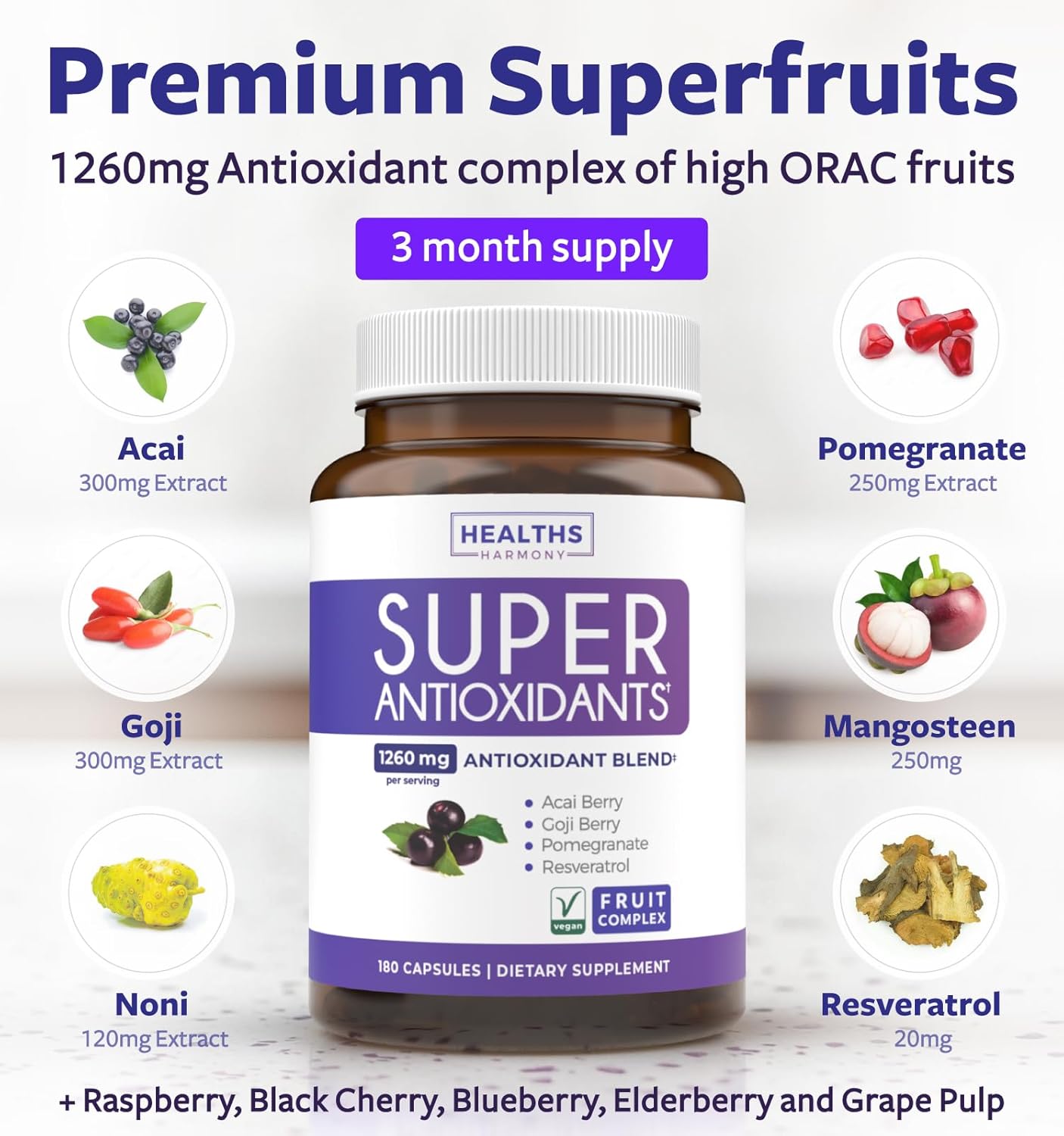 Super Antioxidants Supplement for Women & Men - High Potency Herbal & Fruit Blend with Acai, Goji, Pomegranate, Elderberry & Resveratrol for Skin Care & Immune Support - Vegan & Non-GMO - 180 Capsules