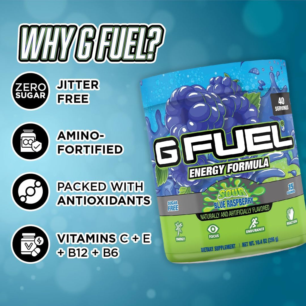 G Fuel Chug Rug Energy Drink Powder, Pre Workout Caffeine Mix for Gaming, Sugar Free Focus Amino, Vitamin + Antioxidants, 10.44oz (Sour Blue Raspberry, 40 Servings)
