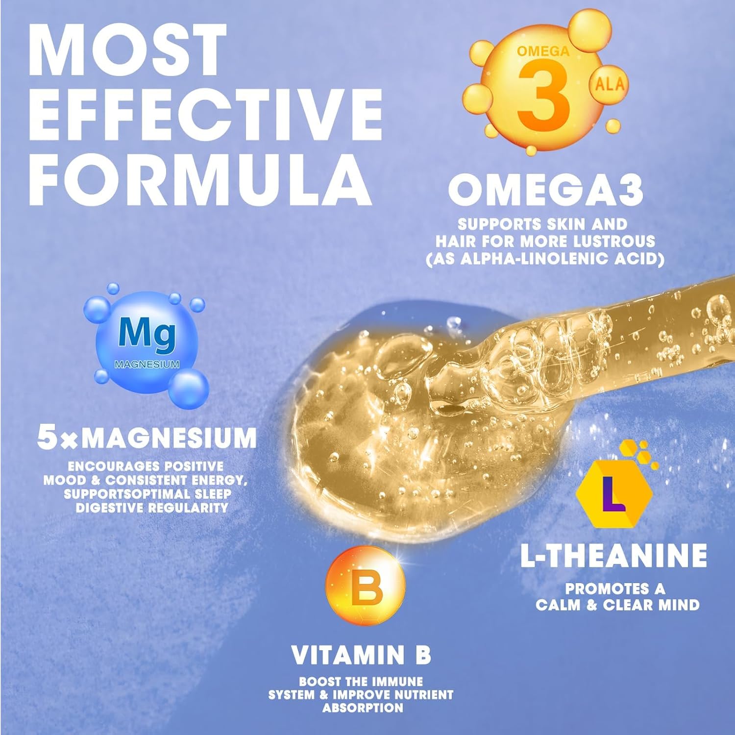 Magnesium Glycinate Liquid, Magnesium Complex Supplement with Omega3, L-Theanine and Vitamin for Calm, Sleep Support, Muscle Relief, Non GMO, Blueberry Flavor, 2 Fl Oz
