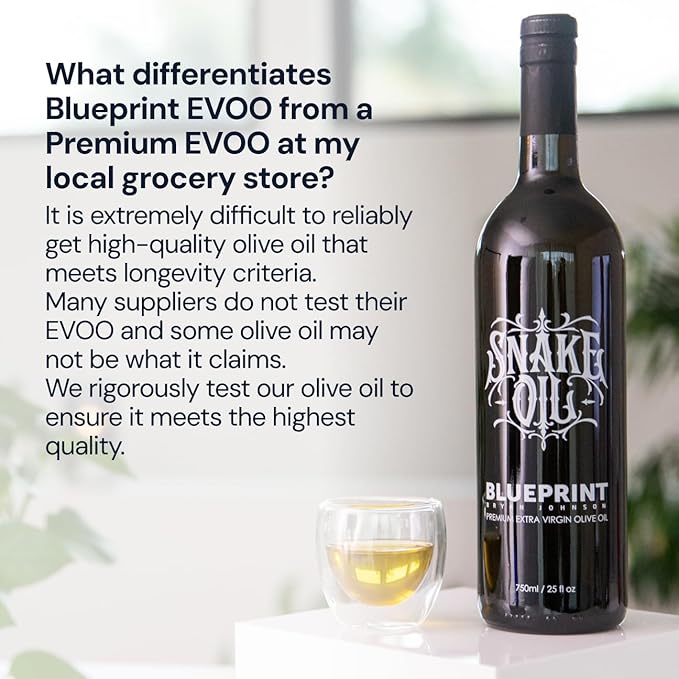 Blueprint Bryan Johnson Olive Oil – Snake Oil- High Polyphenol Extra Virgin Olive Oil (400+ mg/kg) – Early Harvest, First Cold Press EVOO – Keto, Paleo, Non-GMO – 2 Pack - 750ml Glass Bottle
