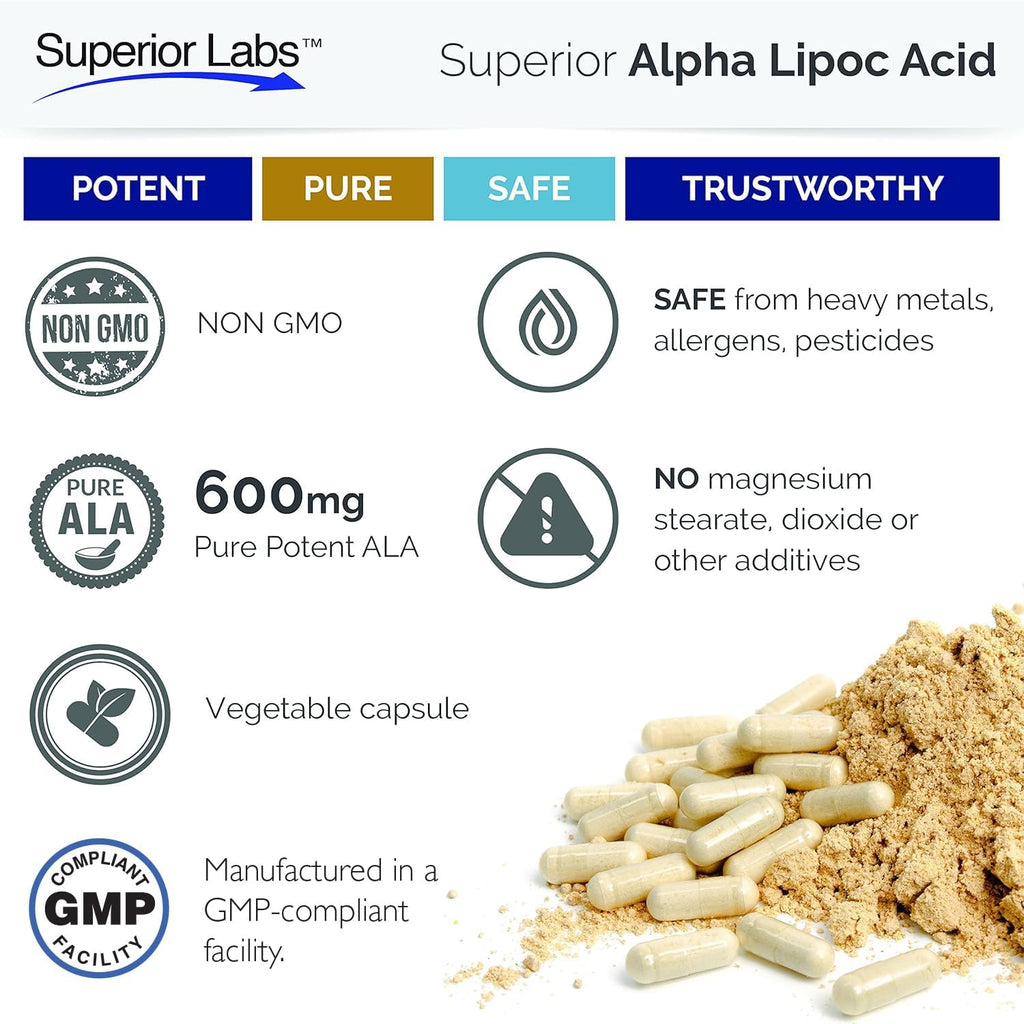Superior Labs Alpha Lipoic Acid 600 mg Capsules, Pure Non-GMO ALA, High Absorption, Nerve Support, Healthy Circulation and Nerve Response, Healthy Aging Antioxidant, 120 Veg Caps, 4-Month Supply