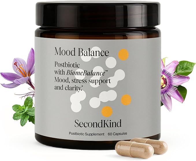 SecondKind Mood Balance – Saffron & Postbiotic Supplement for Stress Relief, Emotional Balance & Mental Clarity – Gut-Brain Formula with BiomeBalance™ – Non-GMO – Made in USA - 60 Capsules