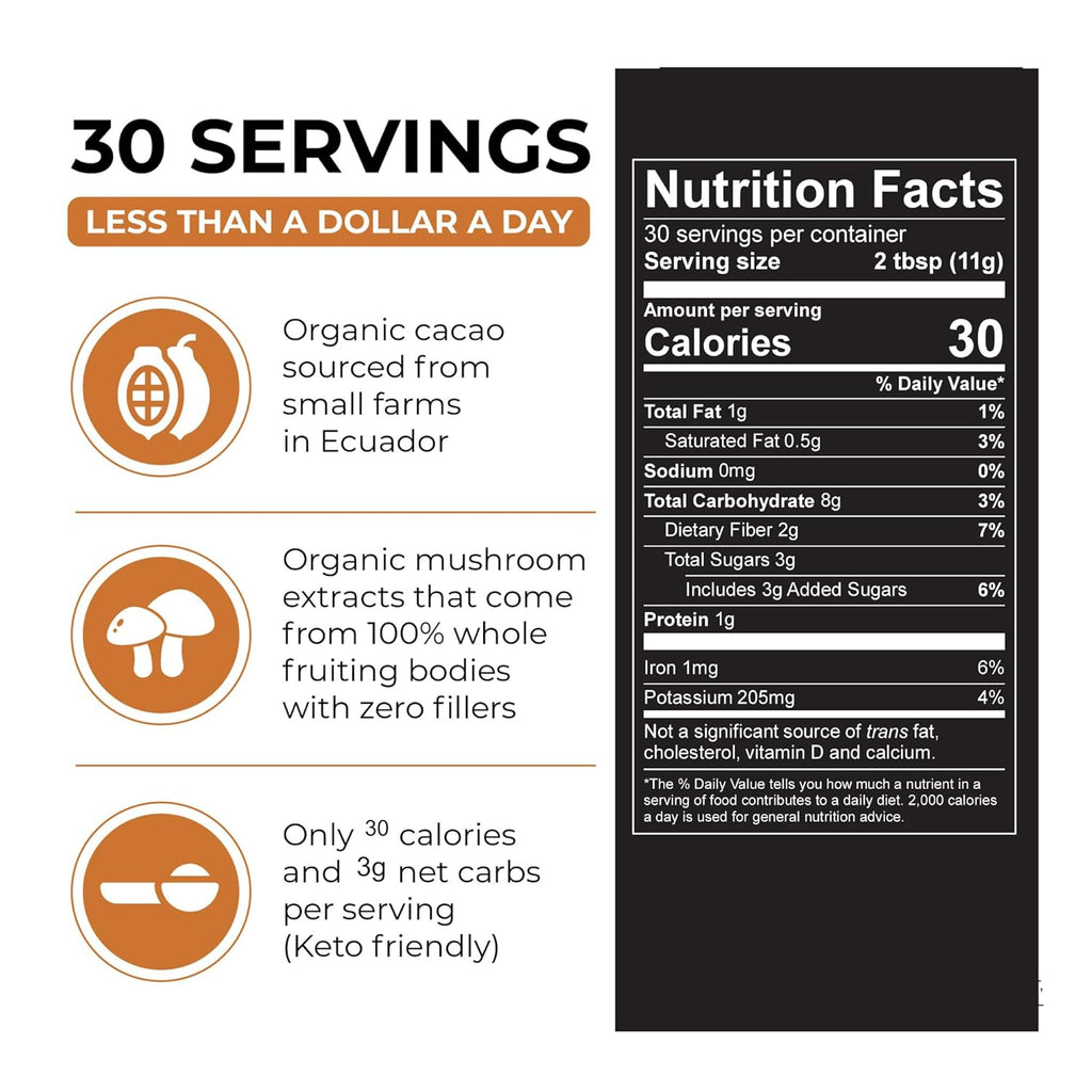 Inner Elevate Organic Mushroom Hot Chocolate - Ceremonial Cacao with 5 Adaptogenic Mushrooms - Great as a Coffee Alternative, Hot Chocolate, or Smoothie (30 Servings)