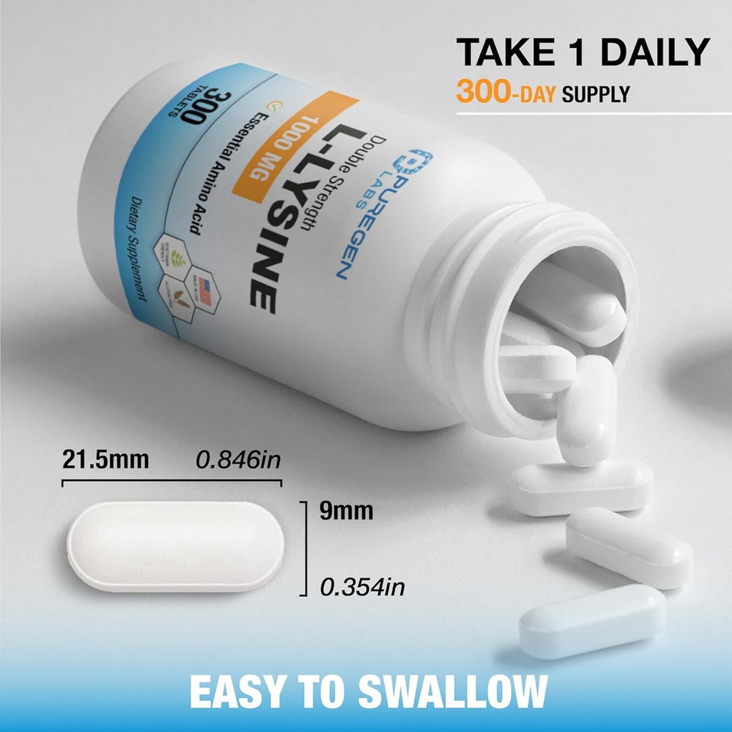 Puregen Labs L-Lysine Extra Strength 1000 MG per Tablet - 300 Servings | High Potency, Immune and Collagen Synthesis Support, Non-GMO, NO Gluten and Dairy - 300 Tablets Made in USA