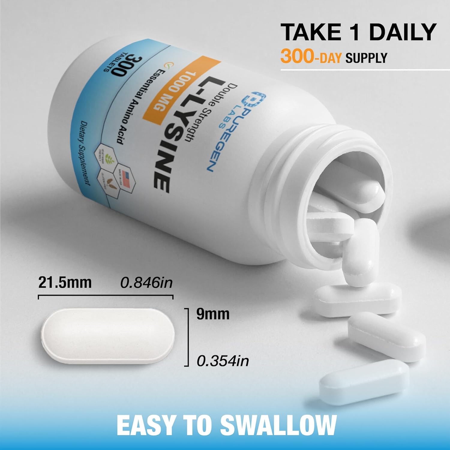 Puregen Labs L-Lysine Extra Strength 1000 MG per Tablet - 300 Servings | High Potency, Immune and Collagen Synthesis Support, Non-GMO, NO Gluten and Dairy - 300 Tablets Made in USA