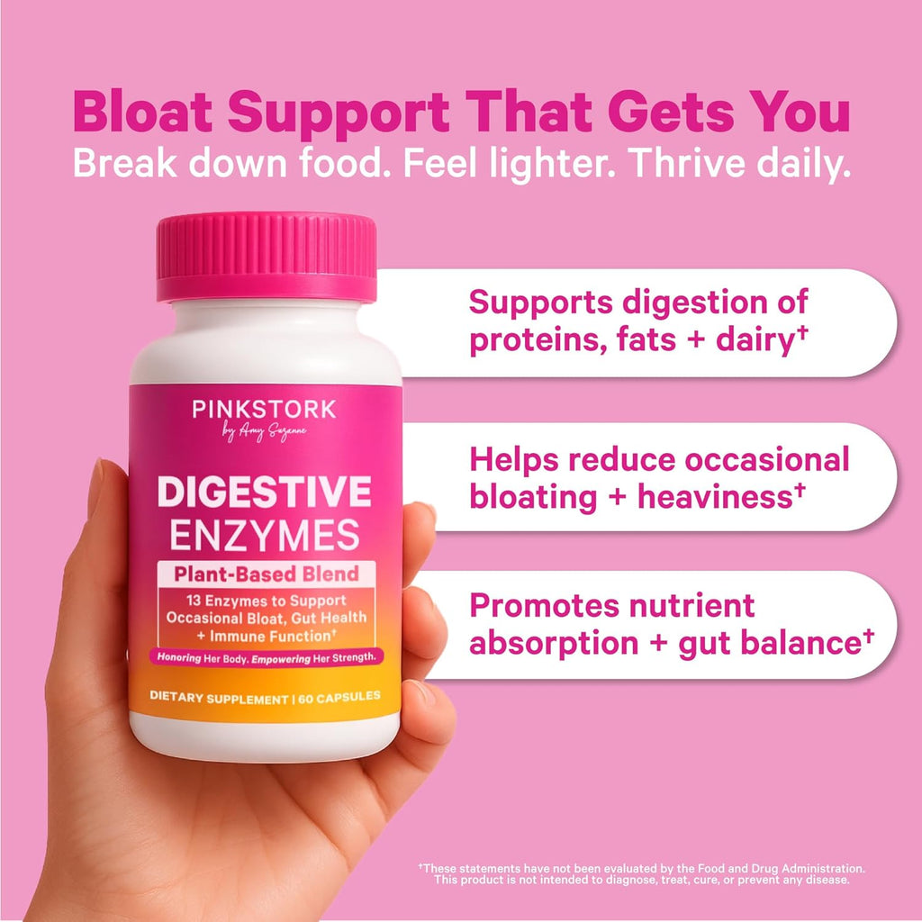 Pink Stork Digestive Enzymes for Women | Supports Digestion, Gut Health, Bloating Relief, Metabolism + Nutrient Absorption | GLP-1 Support | Vegan | 13 Enzymes + Amla Supplement | 60 Capsules