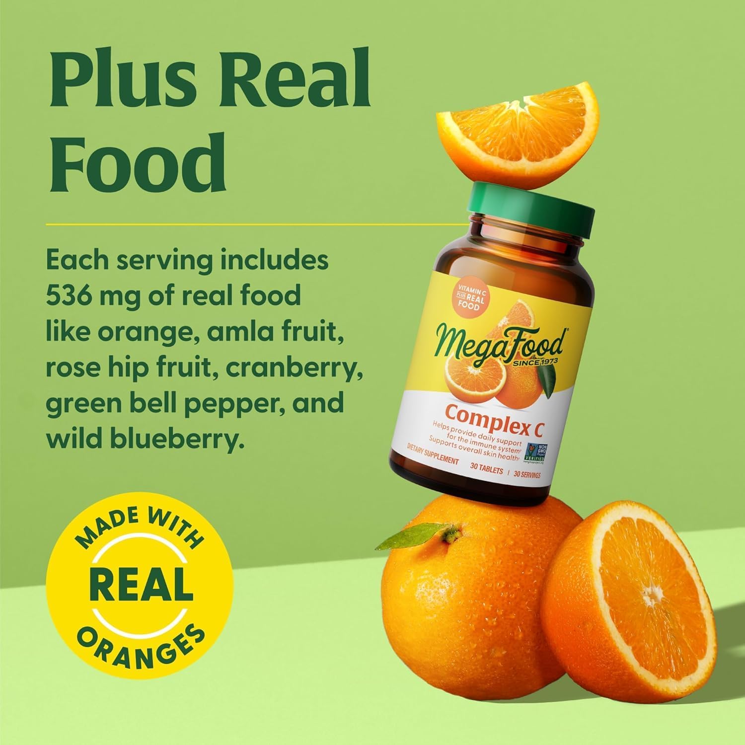 MegaFood Complex C - Vegan Immune Support Supplement with Vitamin C 250 mg, Made with Real Food Including Orange, Cranberry & Brown Rice, Gluten-Free, Kosher - 60 Tablets, 60 Servings