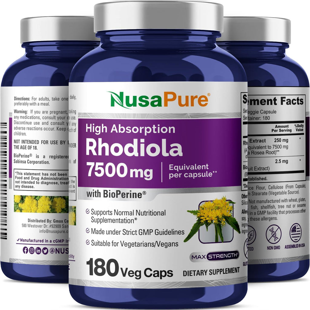 NusaPure Rhodiola Rosea 7,500mg 180 Veggie Capsules (Non-GMO, Extract 30:1, Vegan & Gluten-Free) Bioperine