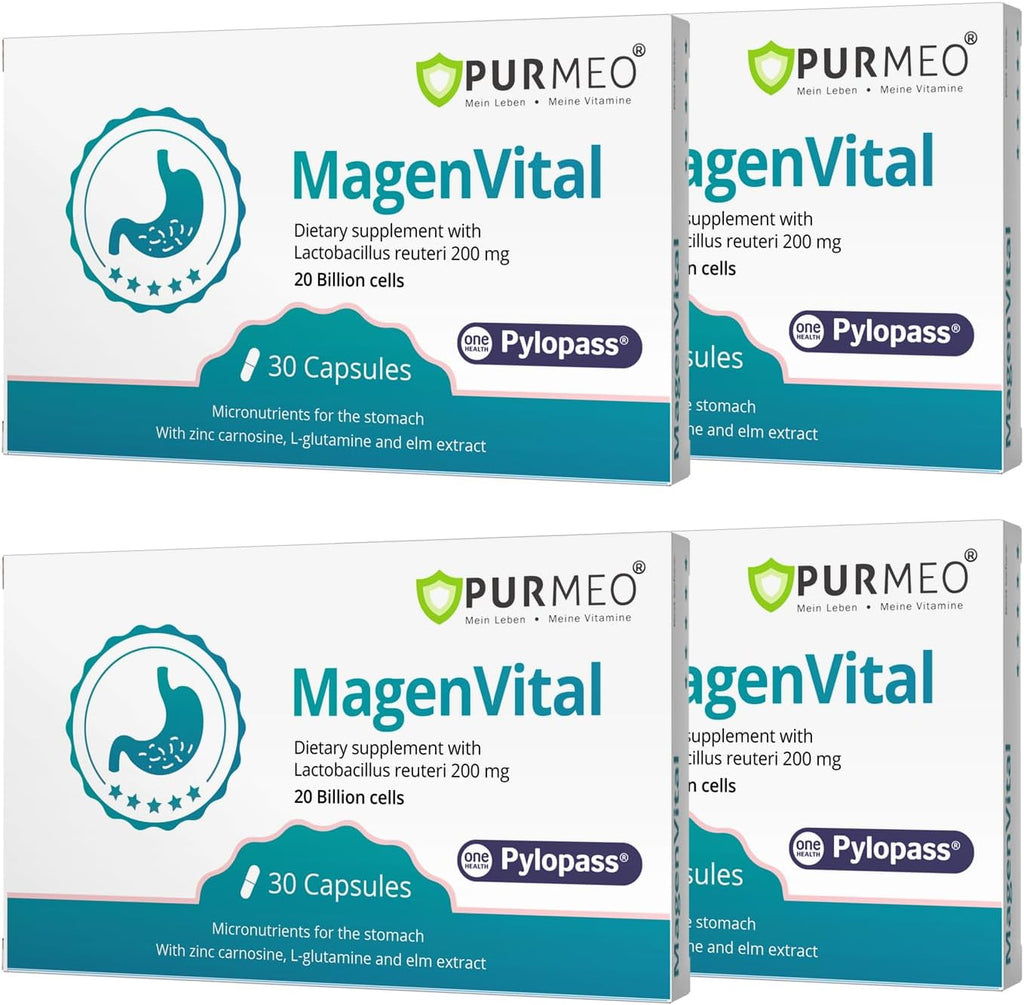 4 Pack MagenVital Pylopass H. Pylori Treatment Probiotics - 1 Per Day - Gastritis, Acid Reflux, Heartburn, Stomach Lining Repair - Lactobacillus Reuteri DSM17648 - Made in Germany