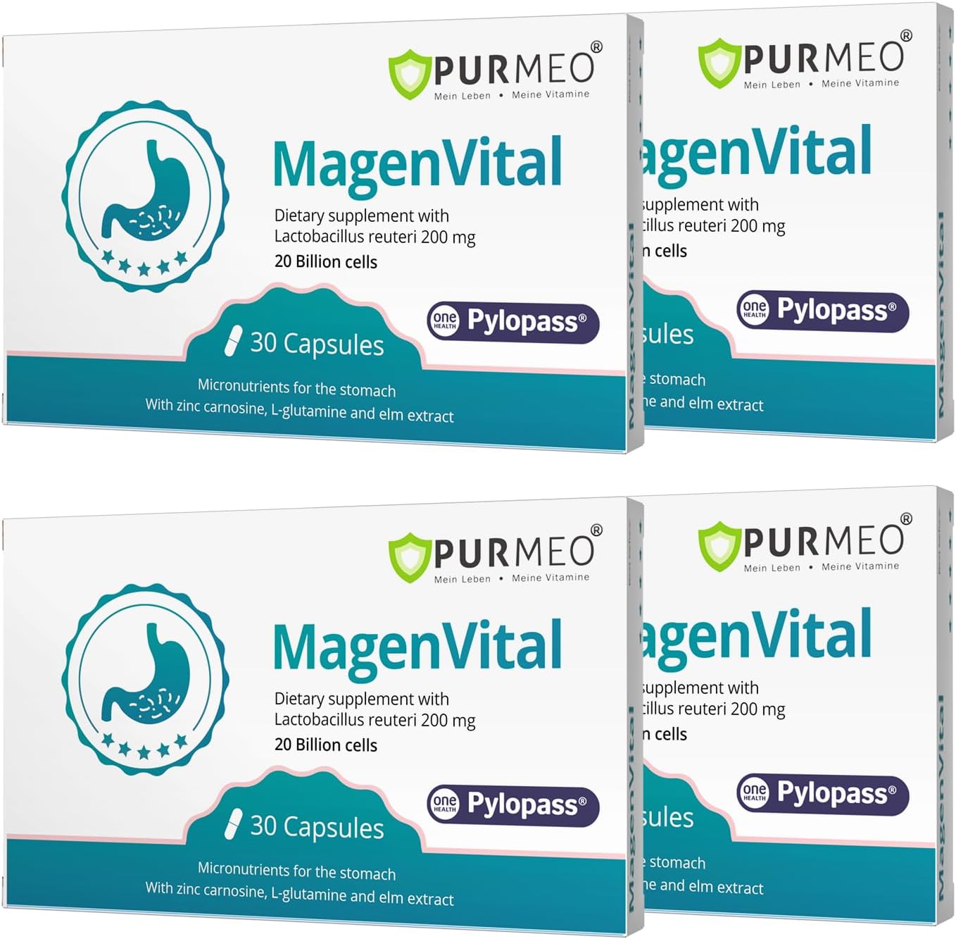 4 Pack MagenVital Pylopass H. Pylori Treatment Probiotics - 1 Per Day - Gastritis, Acid Reflux, Heartburn, Stomach Lining Repair - Lactobacillus Reuteri DSM17648 - Made in Germany