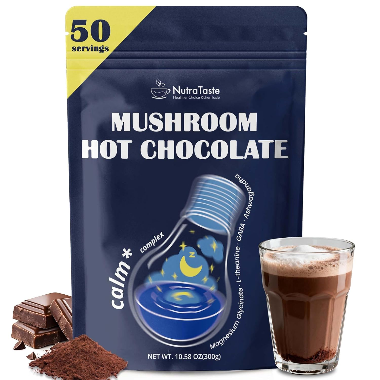 Mushroom Hot Chocolate for Calm, 50 Servings Cocoa Powder | 10 Mushrooms Supplements with Magnesium Glycinate, L-Theanine, Ashwagandha & GABA | Support Focus, Mood & Sleep | Vegan & Keto, Gluten-Free