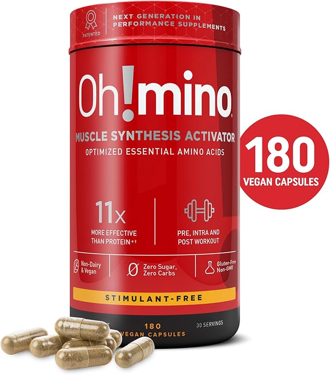 Oh!mino Essential Amino Acids Supplement, Stimulant-Free Capsules, All 9 EAAs, BCAAs, The Perfect Amino for Workouts, Amino Energy, and to Build Muscle, and Recover Faster