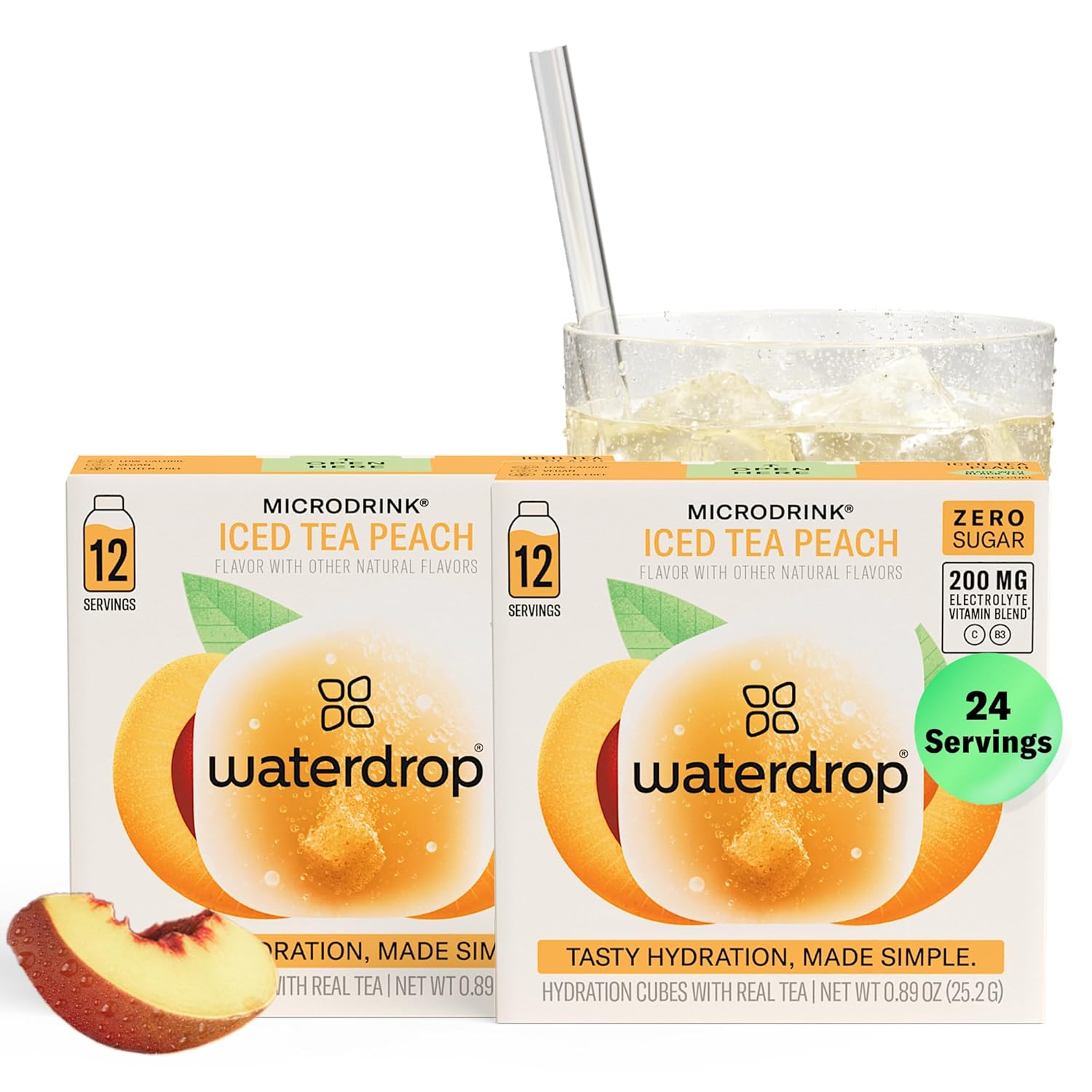 Waterdrop Hydration Cubes with Vitamin C, B Vitamins, and Electrolytes, Iced Tea Peach Flavor, Flavored Water Enhancer Cubes for Still & Sparkling Water, Low Calorie, Sugar Free, Gluten Free, 24 Count