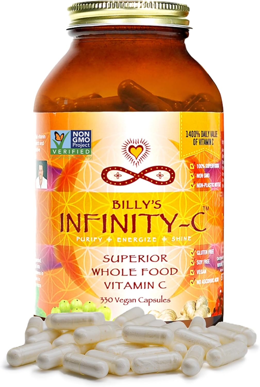 Infinity-C Organic Vitamin C Capsules, Bioavailable VIT C from Acerola, Camu Camu & Amla, Whole Food Vitamin C 1000mg, Immune Support Superfoods, Shilajit, Astragalus Root & Ginger (30 Servings)