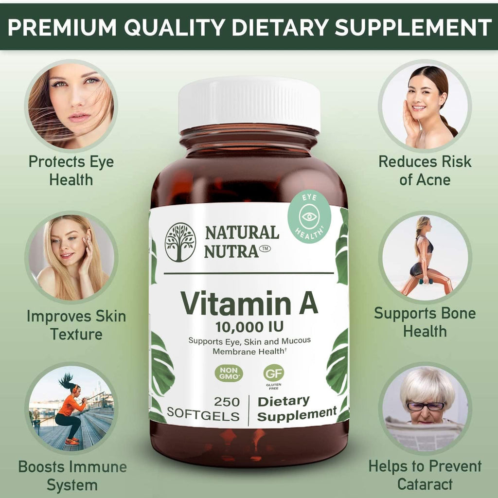 Natural Nutra Vitamin A 10,000 IU Softgels – High Potency Eye and Skin Vitamins – Gluten-Free - Supplement for Sight & Skin Health – Fish Liver Oil for Men and Women, Gluten Free 250 Softgels (2 Pack)