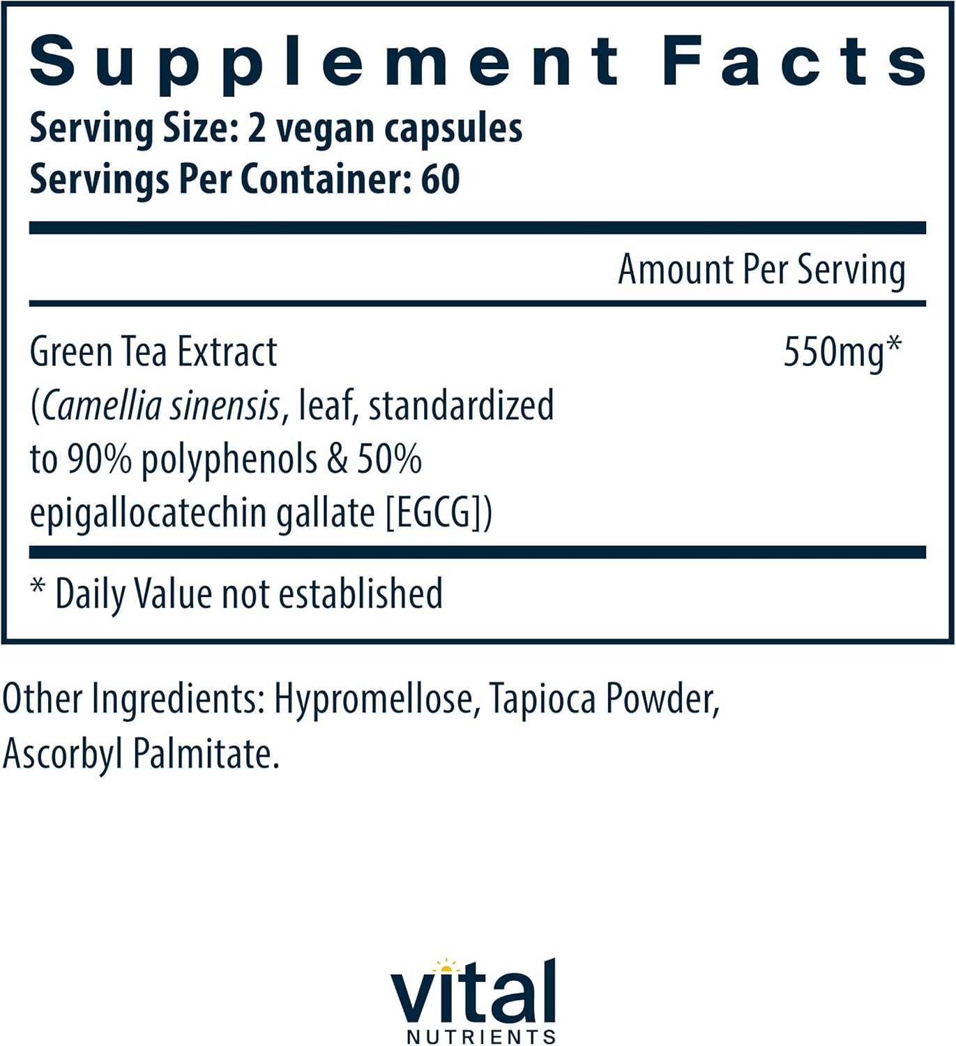 Vital Nutrients Green Tea Extract 550mg | Potent Antioxidant for Heart & Immune Health* | Polyphenols Supplement with EGCG | Gluten, Dairy, Soy Free | Non-GMO | 120 Capsules