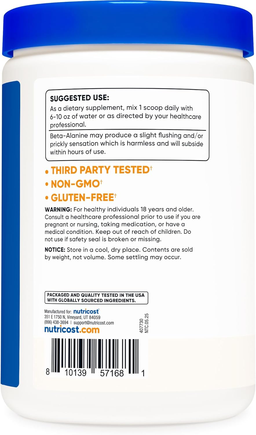 Nutricost Beta Alanine Powder 500 Grams (1.1lbs) - Pure Beta Alanine, Gluten Free & Non-GMO