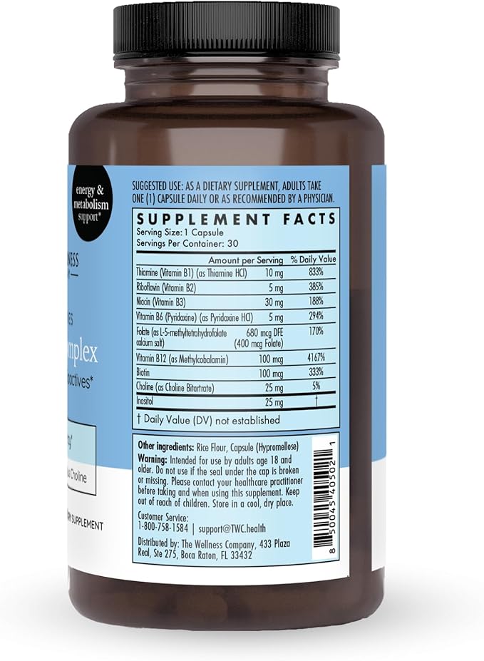 The Wellness Company Vitamin B Complex – Muscle Recovery, Focus & Resilience, Broad-Spectrium Methylated B Vitamins | 30ct (1 Month Supply)