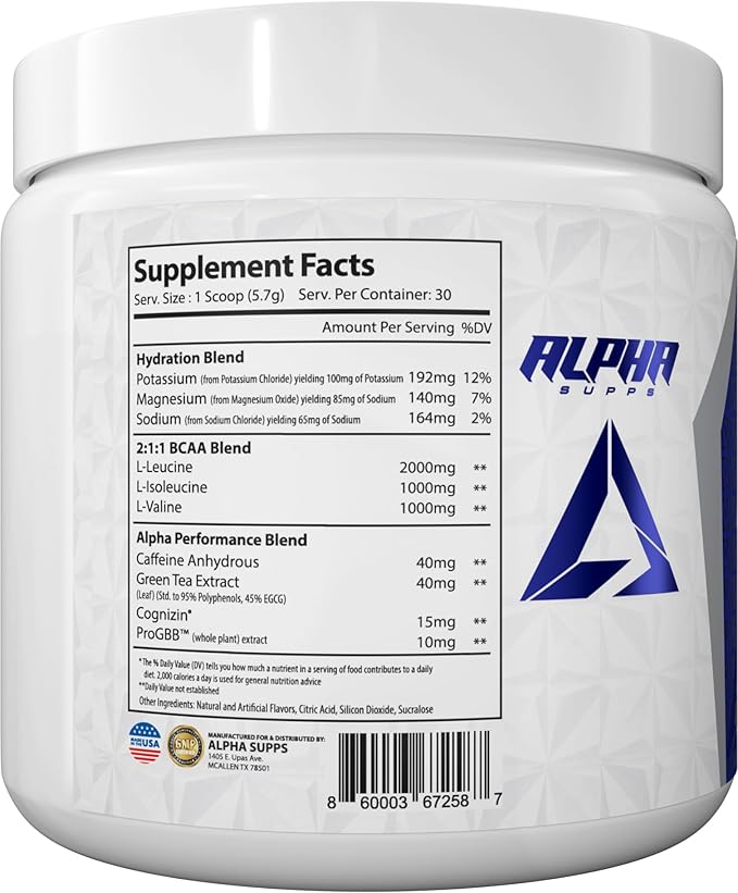 Alpha Supps Amino NRG+ BCAA Amino Energy Recovery Powder - Hydration Blend with Electrolytes - Focus Blend for Optimal Performance Support in Men & Women (30 Servings, Juicy Grape)
