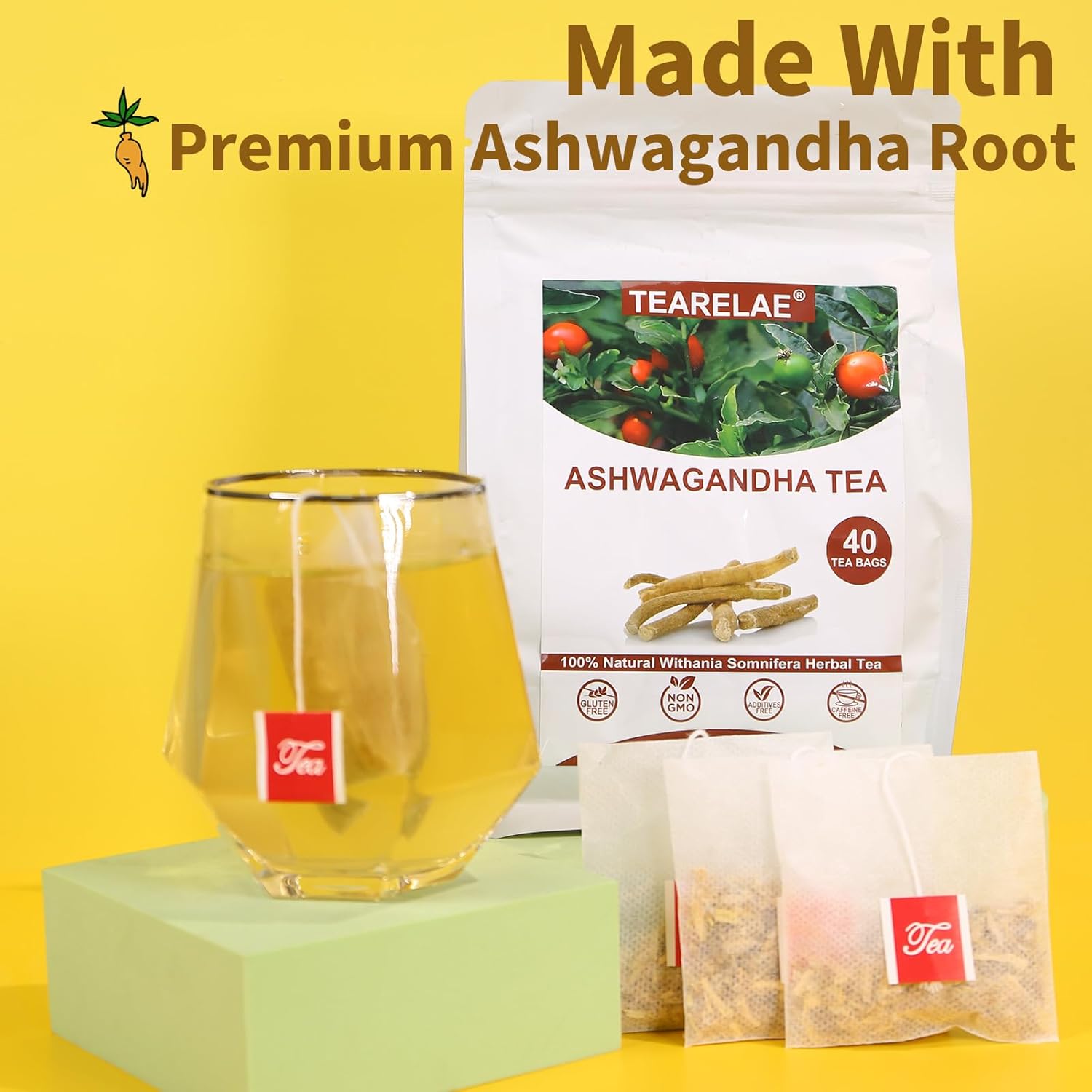 TEARELAE - Ashwagandha Tea Bags - 2.5g x 40 Count - Sourced From India - Premium Natural Cut & Sifted Pure Indian Ginseng Root - Non-GMO - Caffeine-free - Rich in Antioxidants & Boost energy