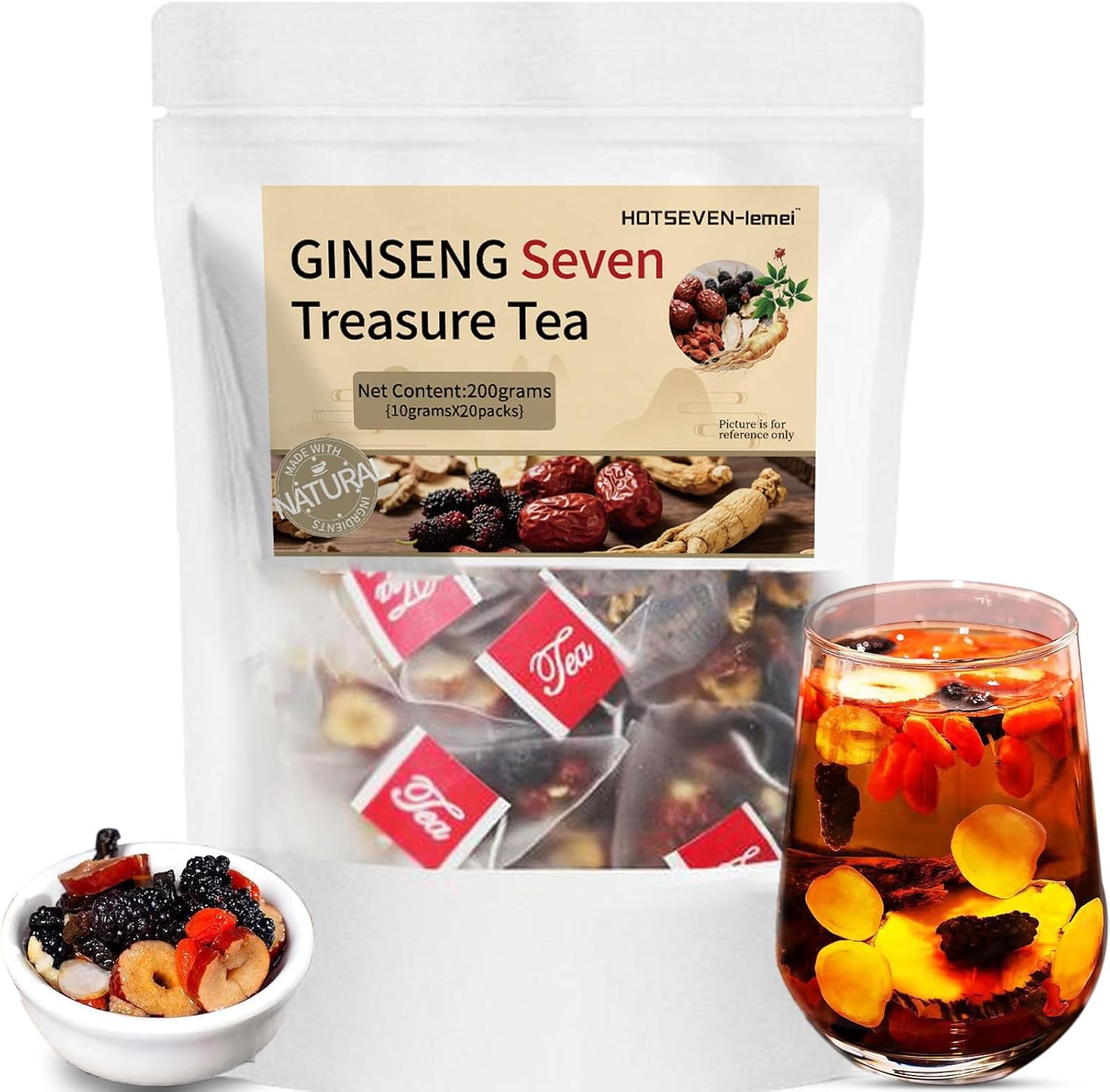 Ginseng Seven Treasure Herbal Tea, Organic Kidney Detox & Cleanse Blend for Women & Men, 7 Natural Ingredients Herbal Formula, 20 Bags, 1 Pack