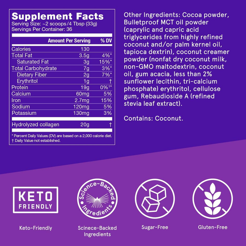Bulletproof Chocolate Collagen Protein Powder with MCT Oil, 19g Protein, 42.3 Oz, Value Size, Collagen Peptides and Amino Acids for Healthy Skin, Bones and Joints