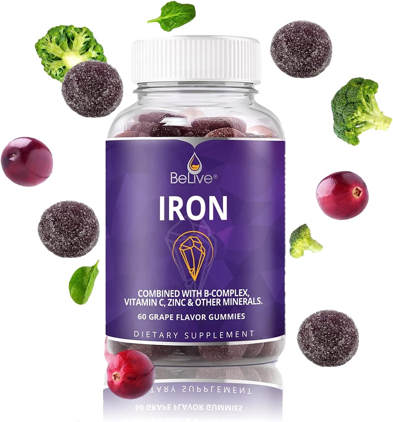 BeLive Iron Gummies - Multivitamin Iron Supplement with Vitamin C, A, B & Zinc, Supports Blood Oxygen, Vegan Supplements for Women, Men & Kids for Growth and Development - Grape Flavor | 5-Pack