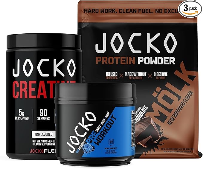 Jocko Fuel 3 Pack Gym Bundle - Creatine, Chocolate MOLK, & Blue Raspberry Pre Workout