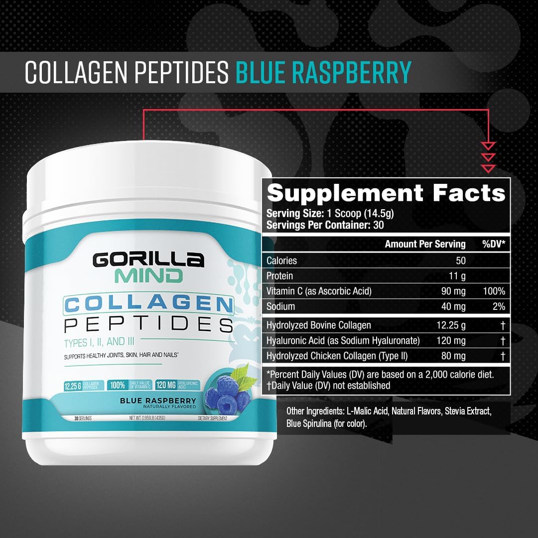 Gorilla Mind Collagen Peptides Powder - Joint & Bone Health/Great for Hair, Skin & Nails/Sleep Support/Types I, II, III/Mix in Water, Juice or a Smoothie - 435g (Blue Raspberry)