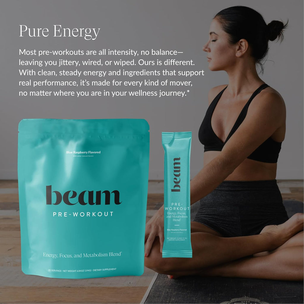 Beam Pre Workout Powder for Energy, Focus & Endurance – Natural Caffeine from PurCaf, Cognizin, Electrolytes, L-Citrulline, Beta-Alanine, L-Theanine – No Crash, Jitter-Free, 20 Serving Sticks