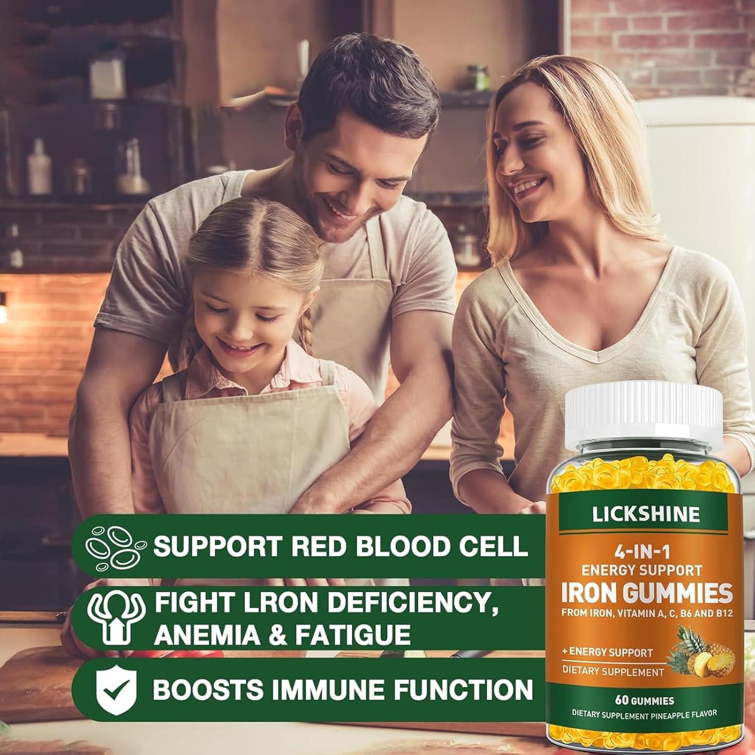 2 Pack Vegan 100MG Iron Supplement Gummies for Women & Men - with Vitamin C, A, B for Adults & Kids - Energy Support for Iron Deficiency, Anemia - Pineapple Flavor (120 Ct)
