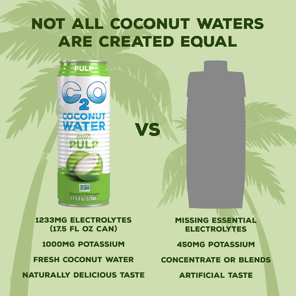 C2O - Coconut Water with Pulp (12 Pack) - Made with Fresh Coconut Water - Plant Based - Non GMO - Canned Water - Natural Hydration, Essential Electrolytes, & Potassium - 12 Cans, 17.5 FL OZ