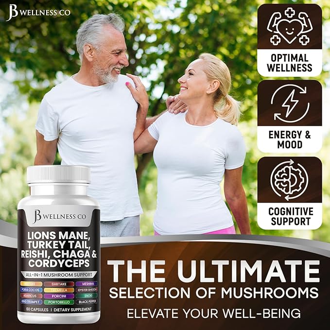 Lions Mane Supplement Cognitive Support, Immune Health with Turkey Tail 20in1 Mushroom Reishi Cordyceps Chaga with Marshmallow Root - 120 Count