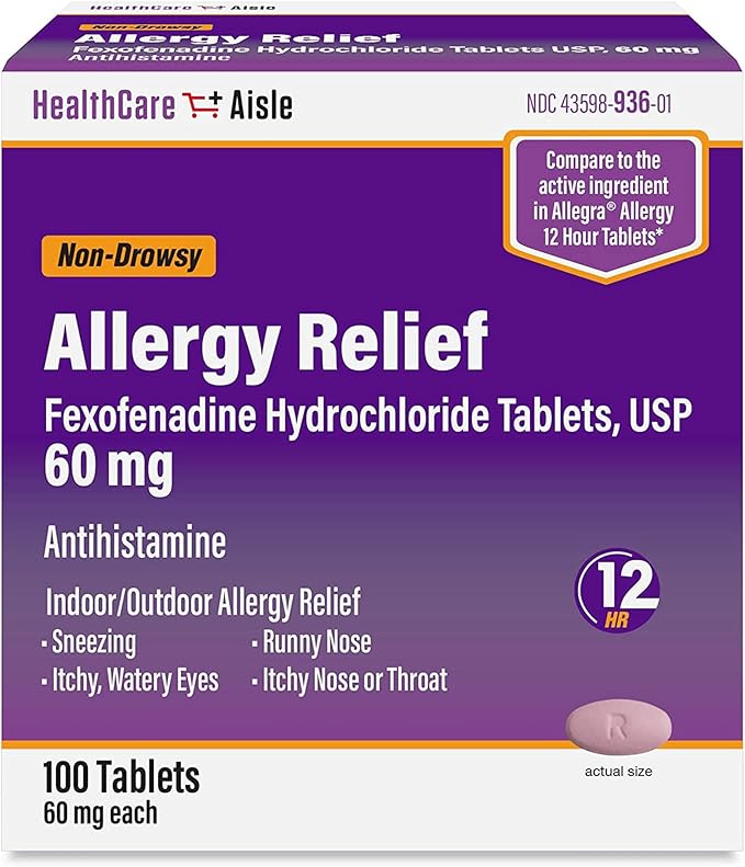 HealthCareAisle Allergy Relief - Fexofenadine Hydrochloride Tablets USP, 60 mg - 100 Tablets - Non-Drowsy Antihistamine, 12-Hour Allergy Medicine