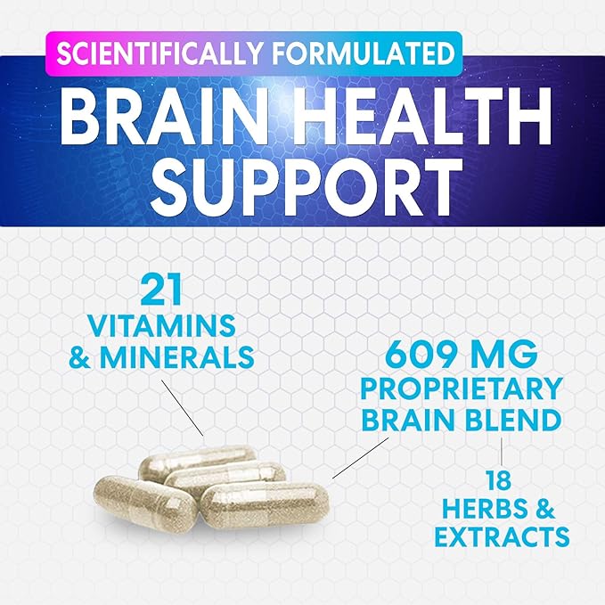 Brain Memory Supplement - 3X Strength Nootropics for Concentration, Clarity & Focus Support - Brain Health Cognitive Vitamins with Bacopa, Phosphatidylserine & DMAE, Brain Booster Pills, 120 Capsules