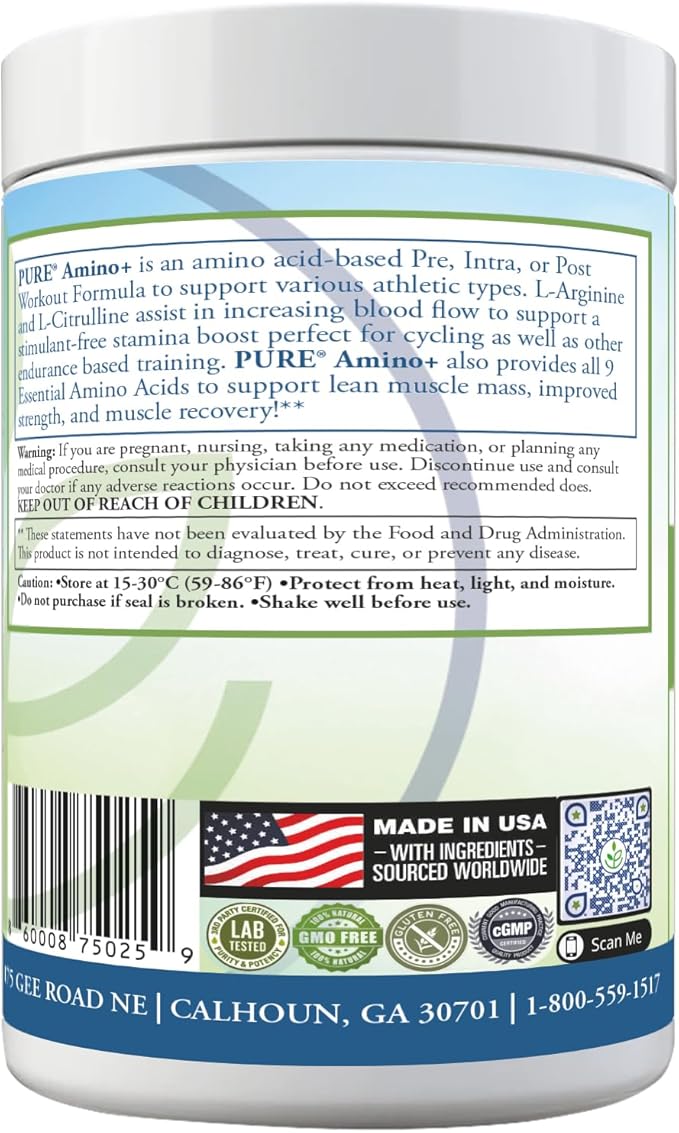 PURE Amino+ Drink Mix, Fruit Splash, 9 Essential Amino Acids, L-Arginine, L-Citrulline, 501g, 30 Servings, Premium Wellness Supplement